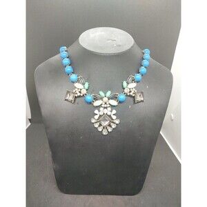 J Crew Beaded Necklace Blue Crystals Pendant Beads Flower Petals Statement